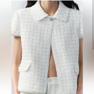 Zara beaded textured embellished short sleeve blazer white size S
